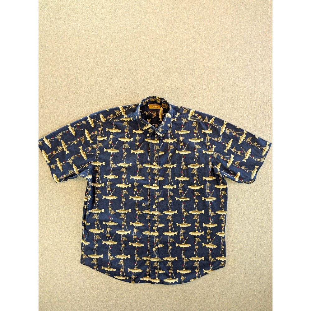 Natural Issue Mens L Wrinkle Free Cotton Blue Fish Print Short Sleeve Button-Up